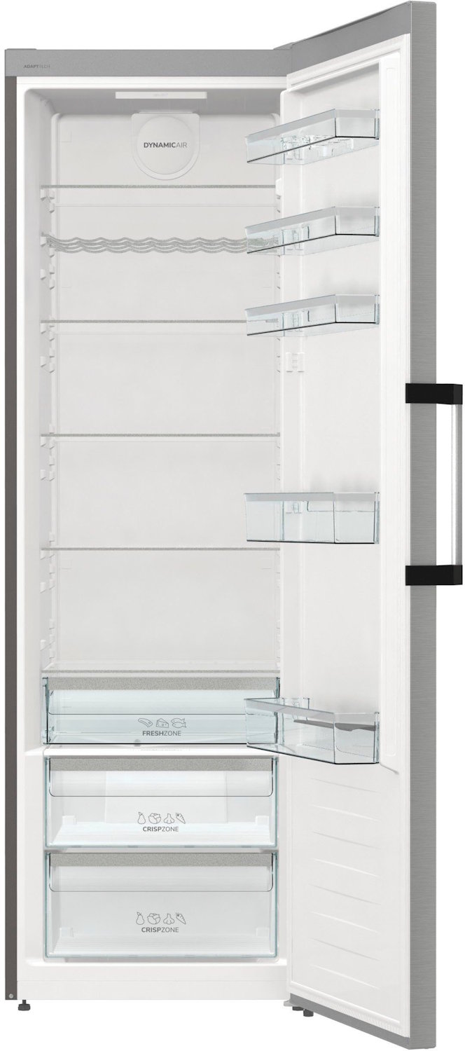 Gorenje R619DAXL6 Kühlschrank mit offener Tür, Innenraum mit Glasböden und Flaschenregal.