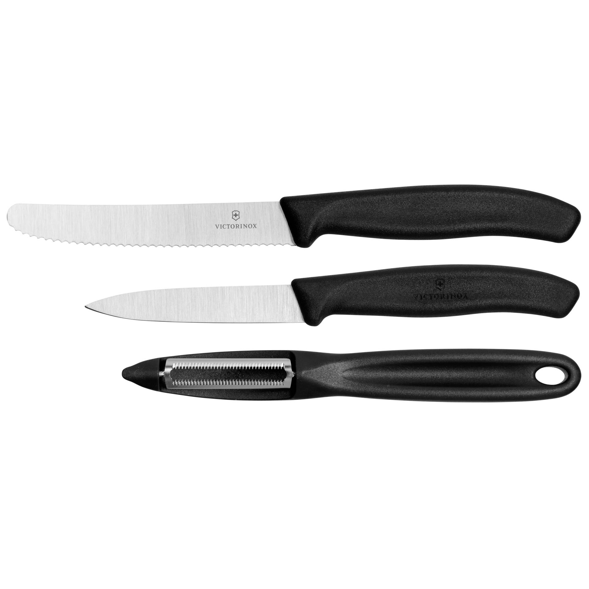 Close-up of the Victorinox knife set, all three parts next to each other