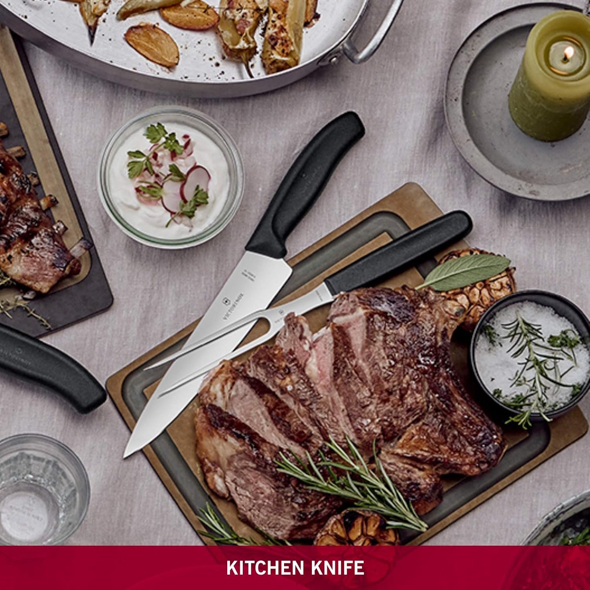 Victorinox chef's knife and fork for carving meat