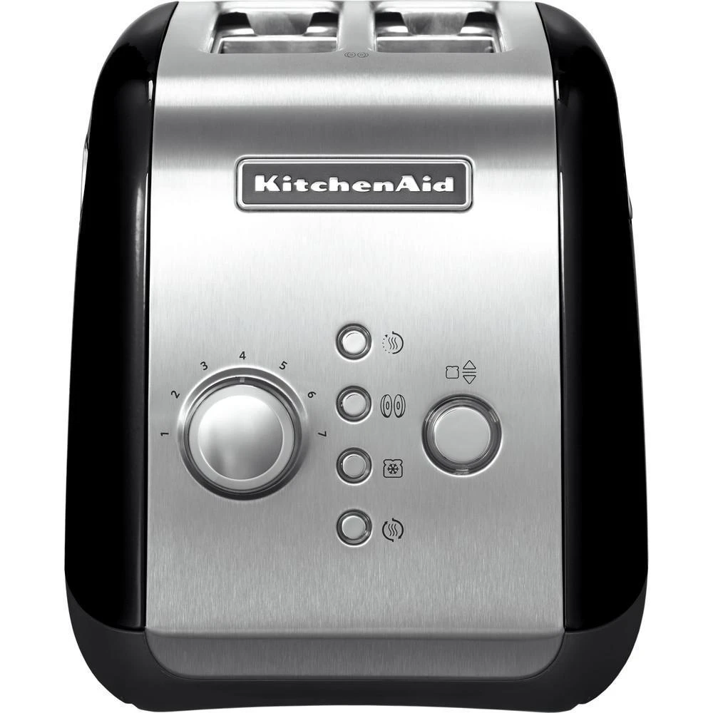 Front view of the KitchenAid 5KMT221EOB toaster with control panel, including Toast/Cancel button and temperature dial.