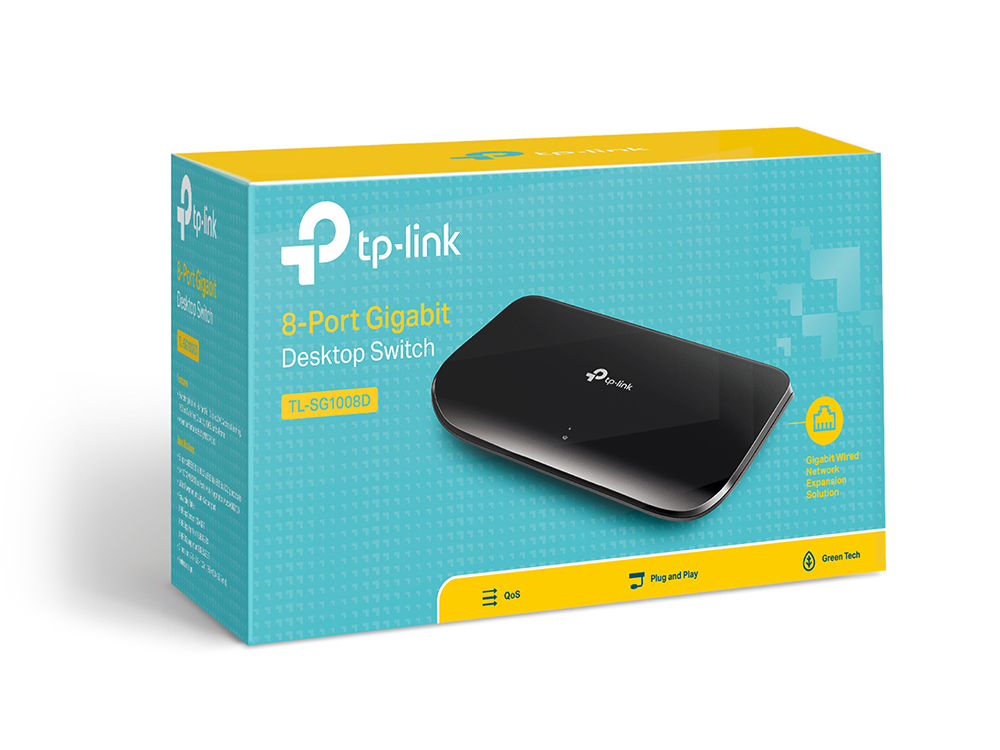 Packaging of the TP-Link TLSG1008D 8-port Gigabit Ethernet switch in white box with product image and technical details