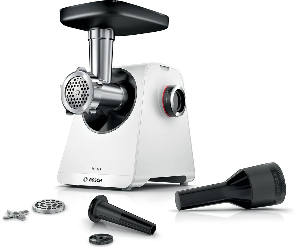 Bosch MFWS420W Compact Mincer – Product View with Accessories White Bosch Series 4 compact mincer MFWS420W with shiny metal attachment and various accessories like perforated discs and pushers, on a white background.