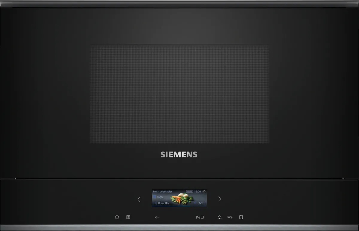 Siemens BE732L1B1 iQ700 built-in microwave with grill, black/stainless steel front view.