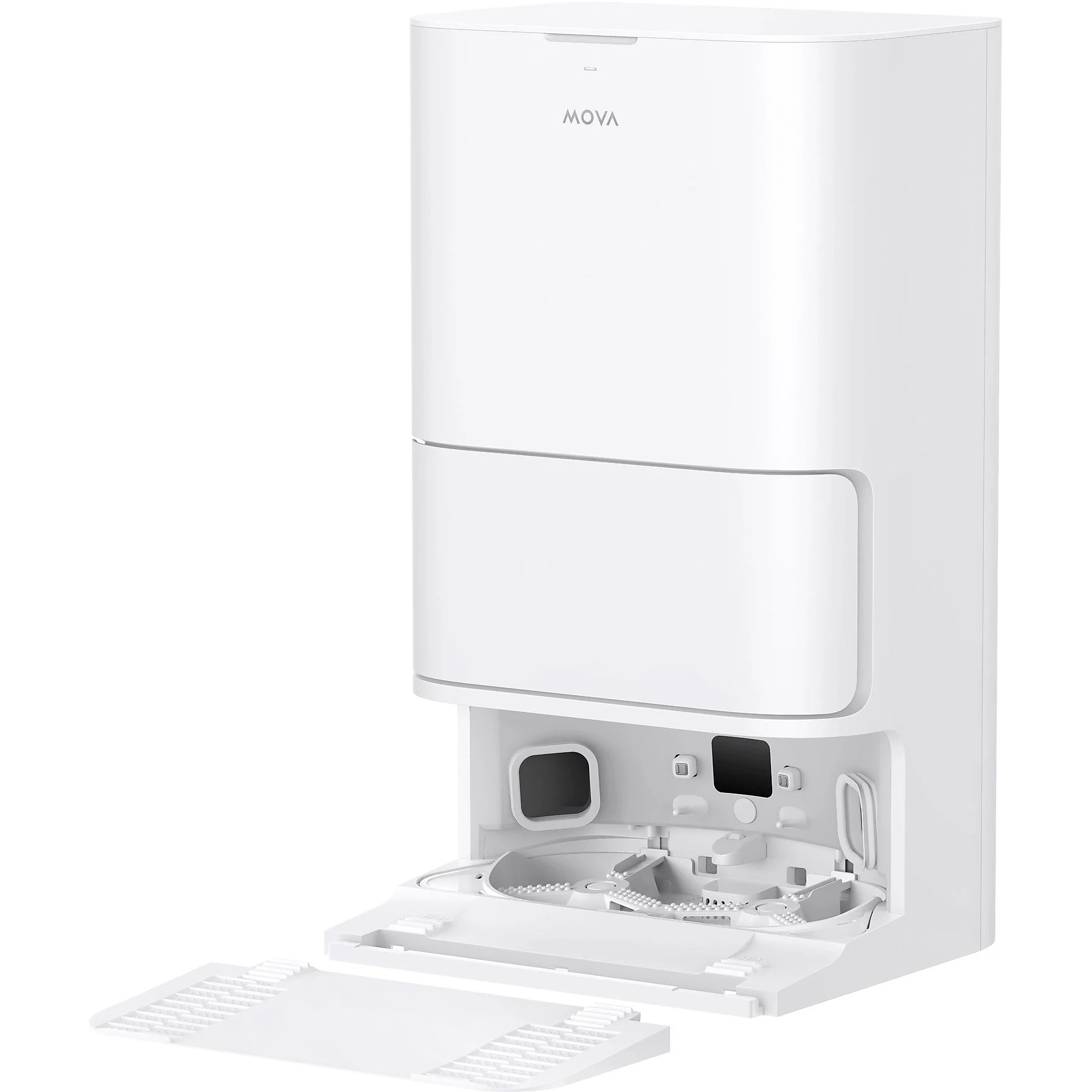 White Dreame Mova E30 base station without the robot inserted, dust bin compartment visible