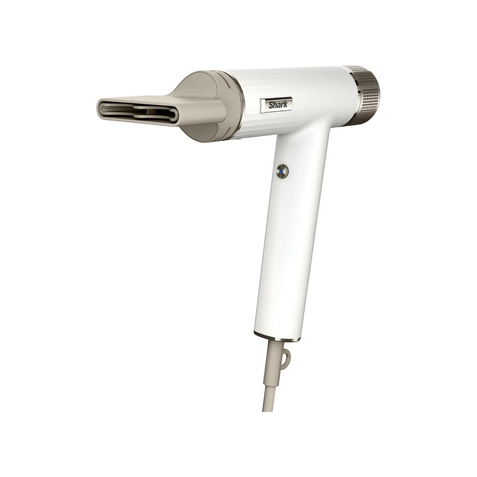 White Shark SpeedStyle hair dryer with the narrow drying nozzle attached, against a white background.