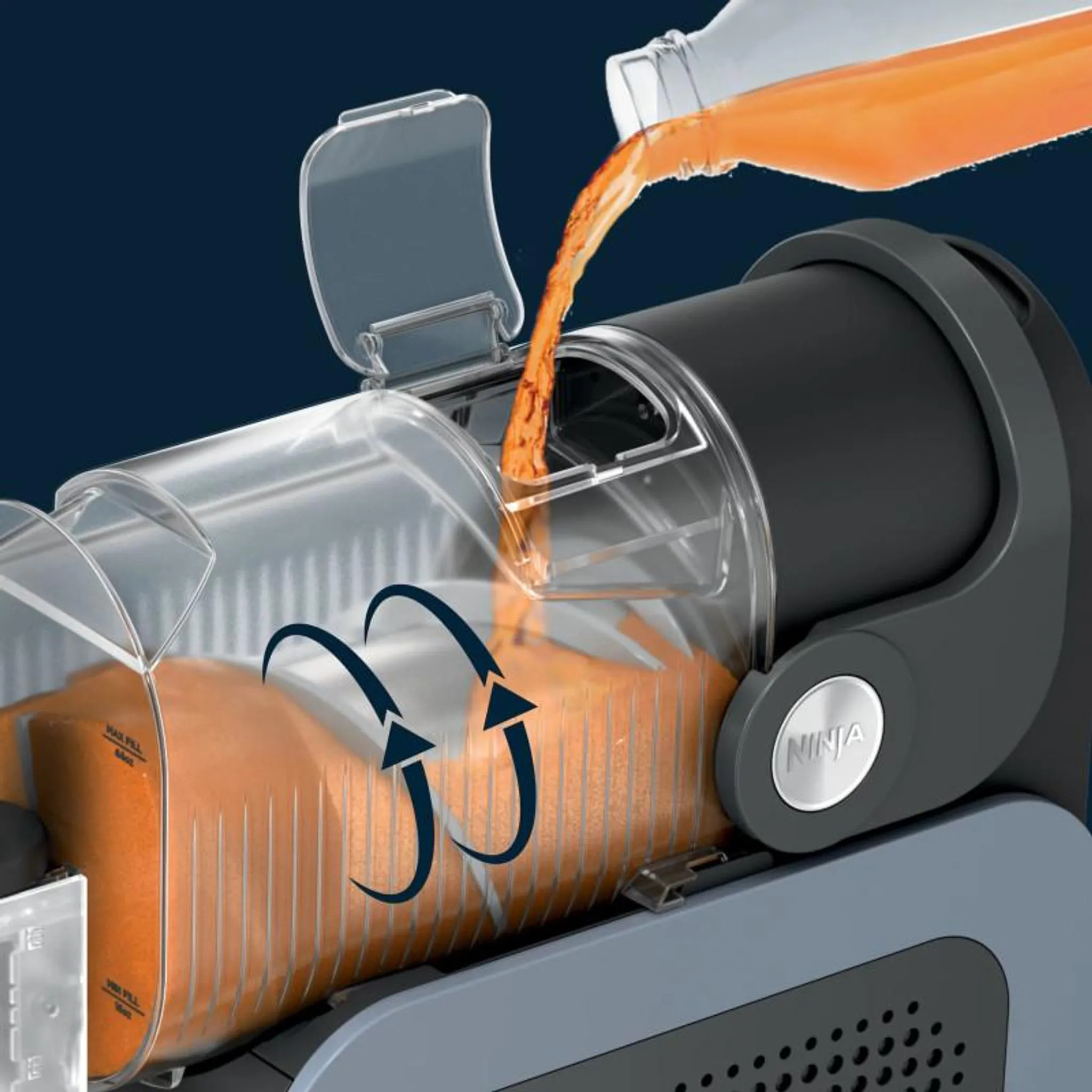 Orange juice being poured into the NINJA SLUSHi FS301EU container to prepare Frozen Juice