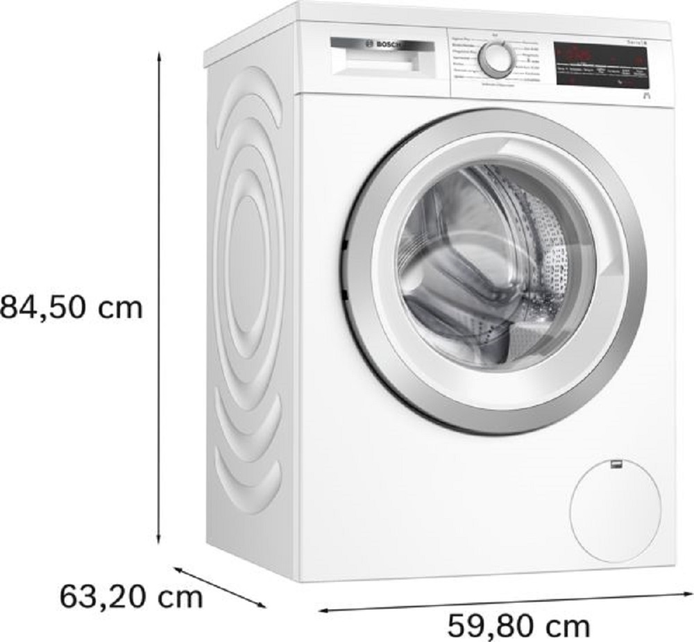 Bosch WUU28T49 mit Maßangaben in der Frontansicht zur Platzplanung