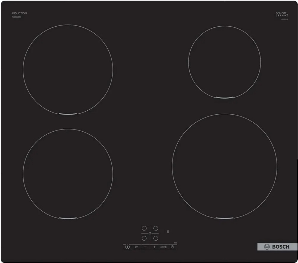 Front view of the black Bosch PUE611BB5E induction hob with 4 cooking zones and a TouchSelect control panel.