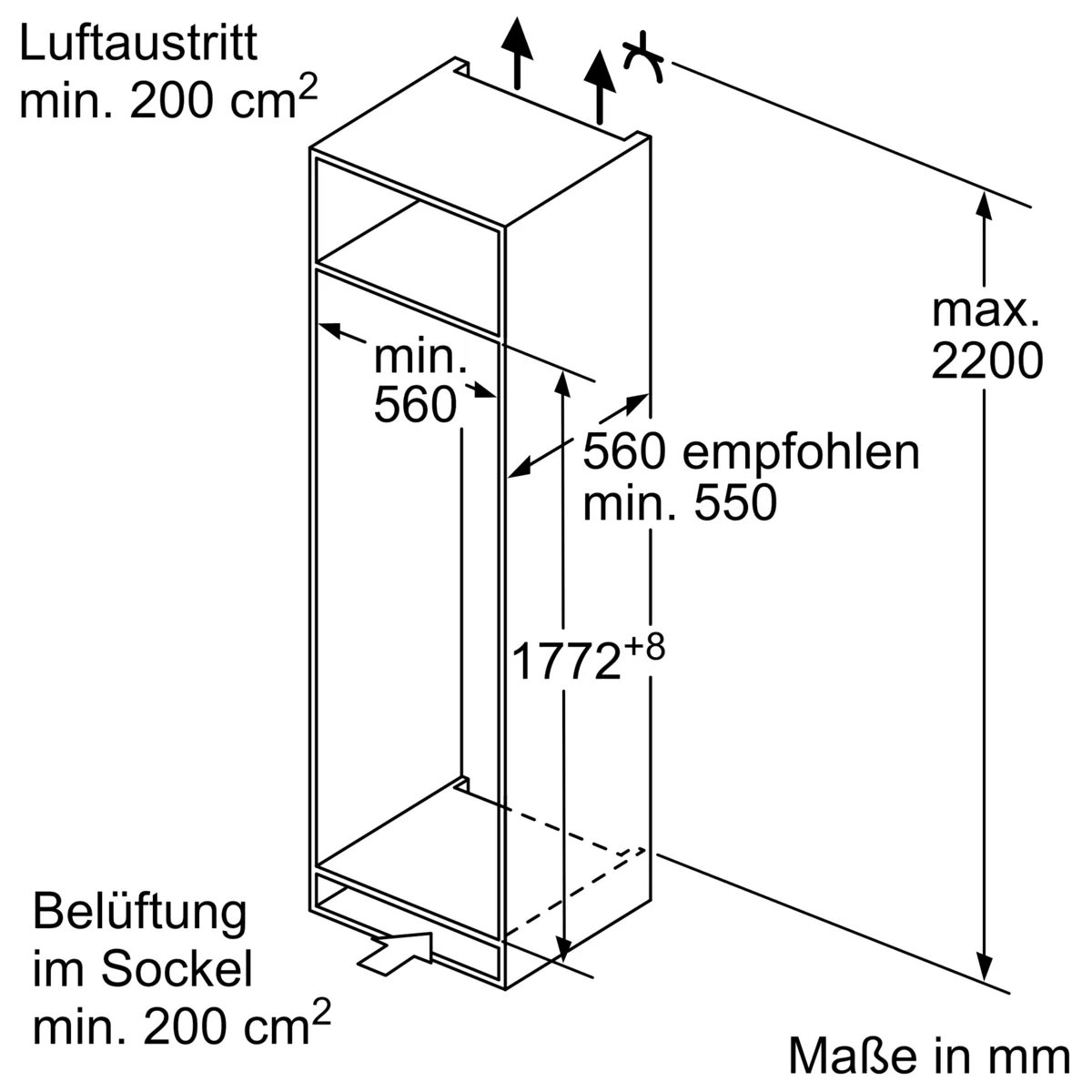Technical drawing: Dimensions of the installation niche for Siemens fridge 1775mm