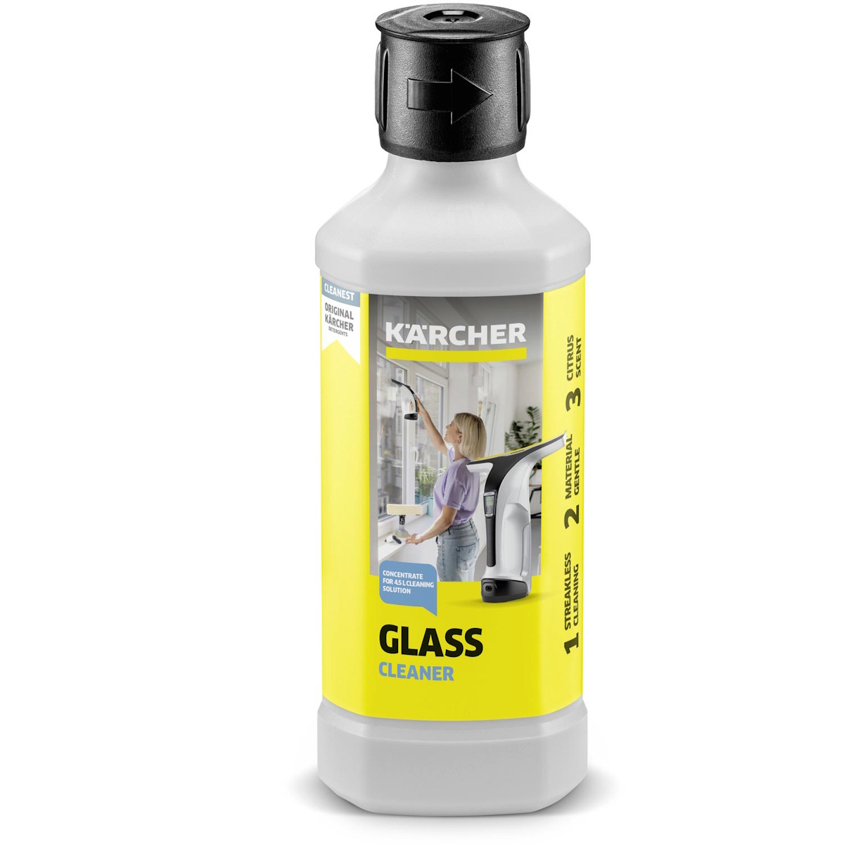 Kärcher glass cleaner concentrate RM 500 in 500ml bottle, front view with Kärcher logo.