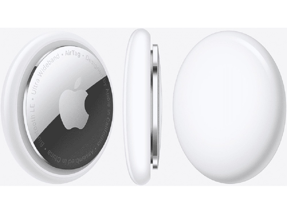Apple AirTag – view from all sides, white tracker.