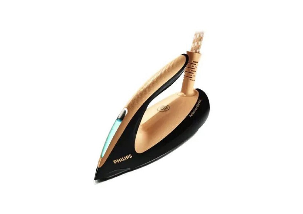 Angled front view of the iron handset showing the LED indicator on the handle