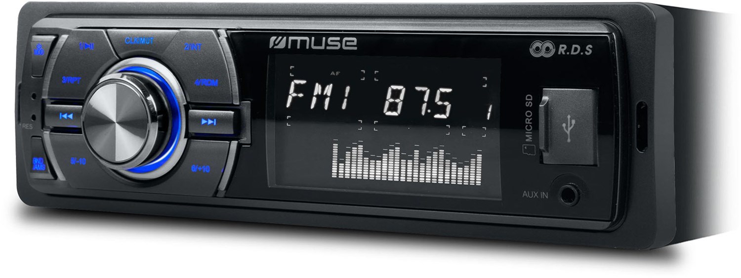 Muse M-092mr car radio, front view, black design with display and controls. Muse M-092mr car radio, front view, black design with display and controls.