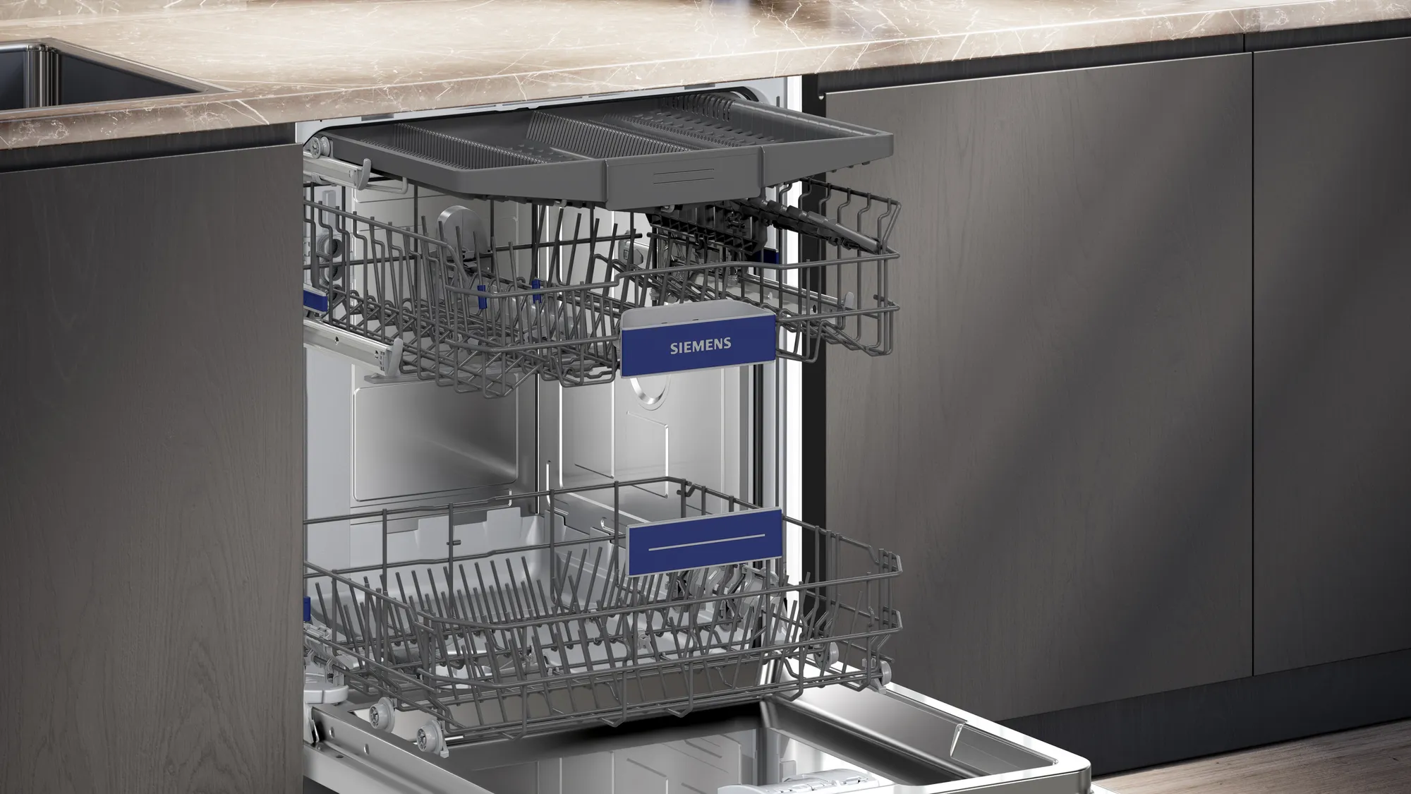 Open Siemens iQ300 dishwasher SN63EX14VE with dishwasher baskets