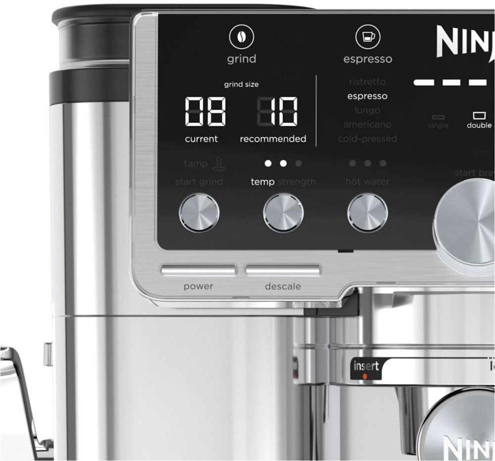 Close-up of the NINJA ES701EU control panel showing grind, espresso, and temperature settings, with 'current'/'recommended' indicators