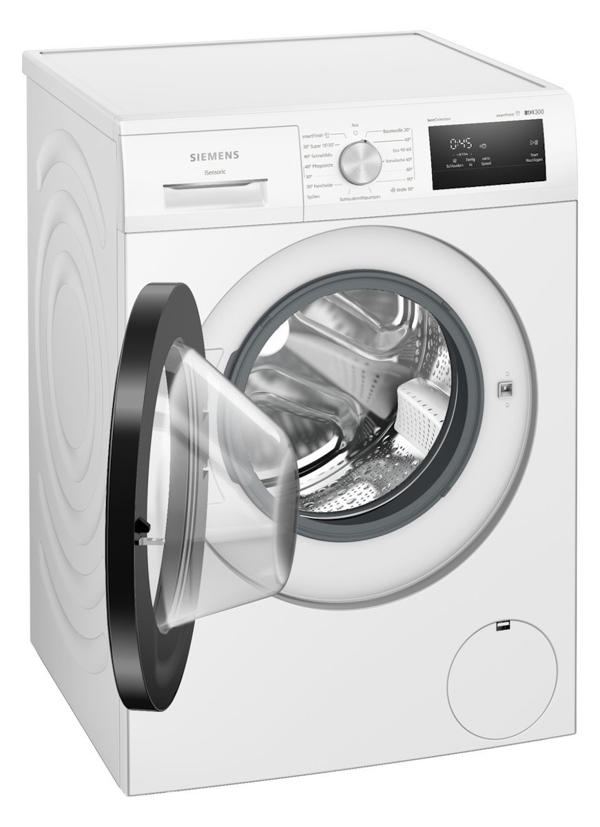 Front view of the Siemens WM14N0G4 washing machine with open door and visible drum opening.