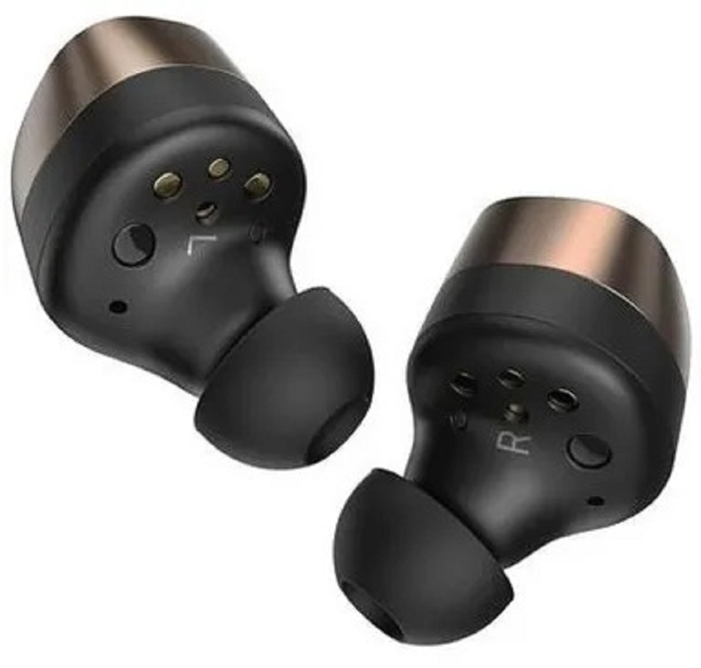 Two Sennheiser Momentum True Wireless 4 in-ear headphones in bronze and black, detailed view of the underside.