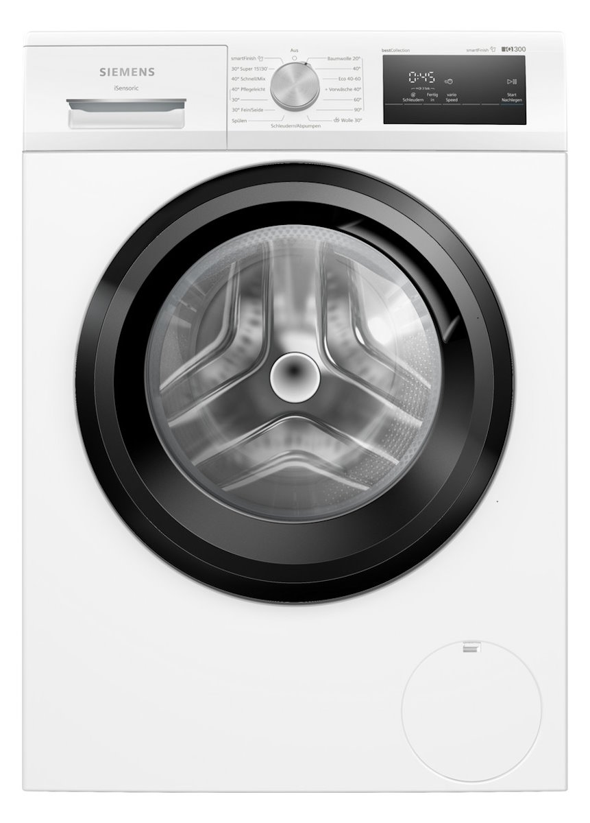 Front view of the Siemens WM14N0G4 washing machine in white with left-hand door hinge.
