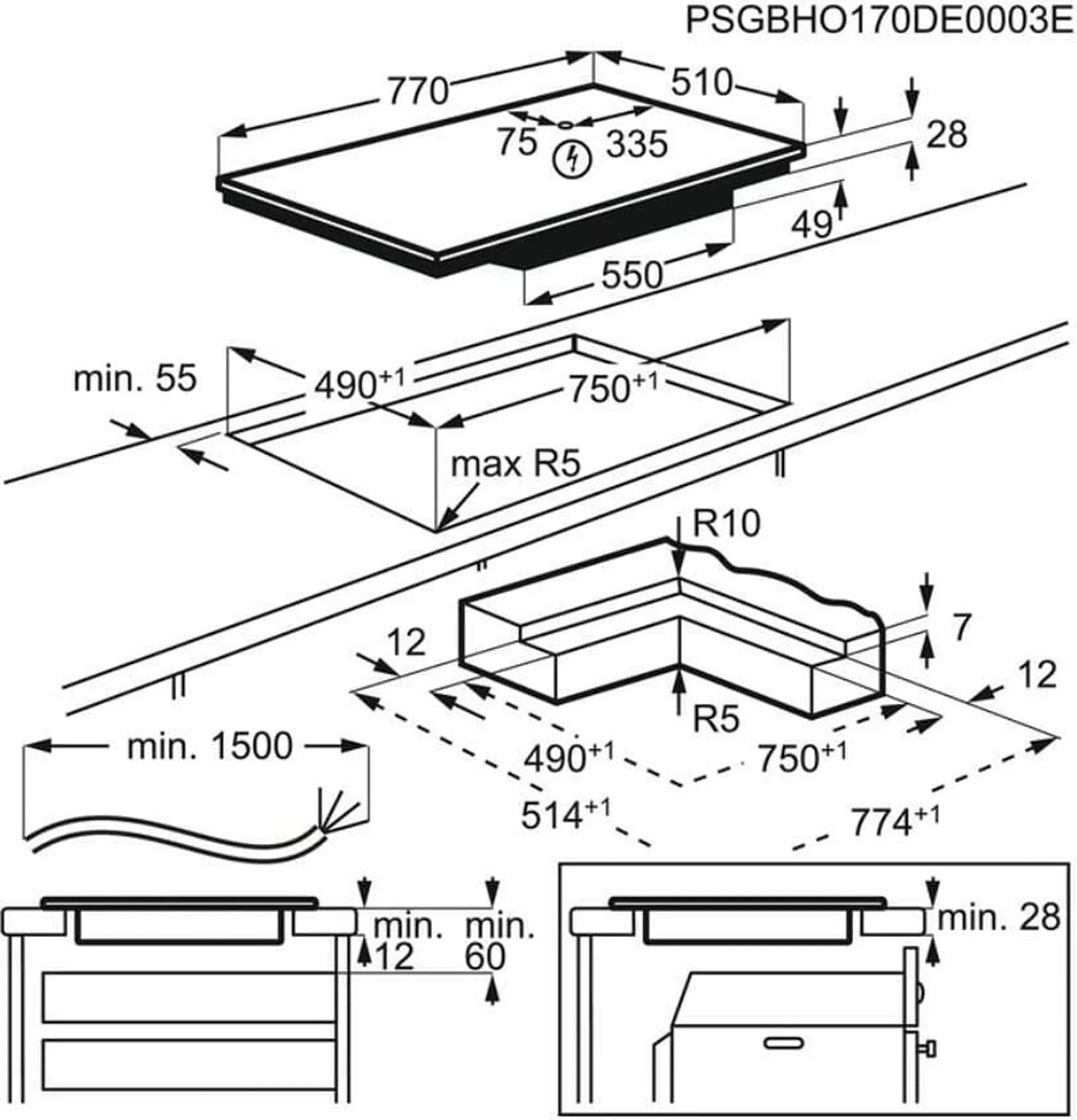 Technische Zeichnung des AEG IKE84445IB Induktionskochfelds mit Maßen.