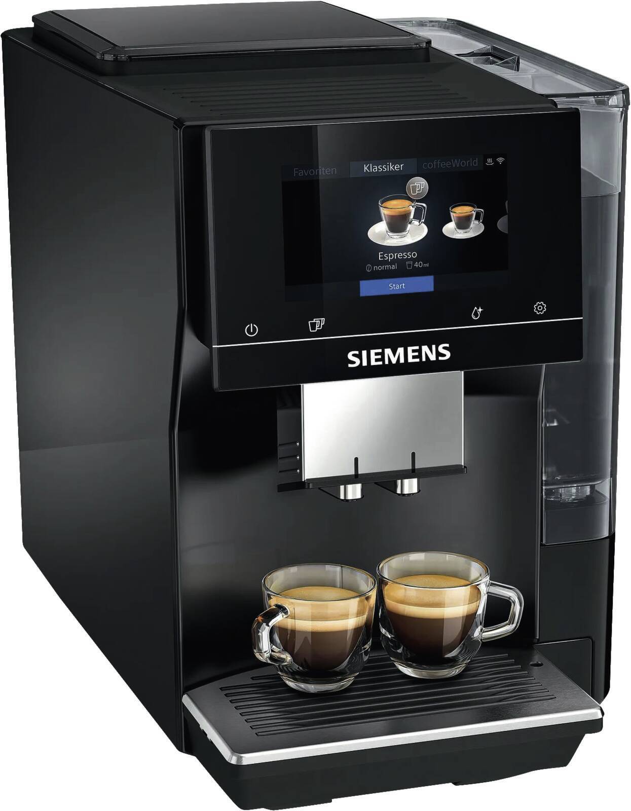 Siemens EQ.700 classic – compact fully automatic coffee machine with HomeConnect and milk system Siemens EQ.700 classic TP713D09 fully automatic coffee machine in black with touchscreen and milk hose