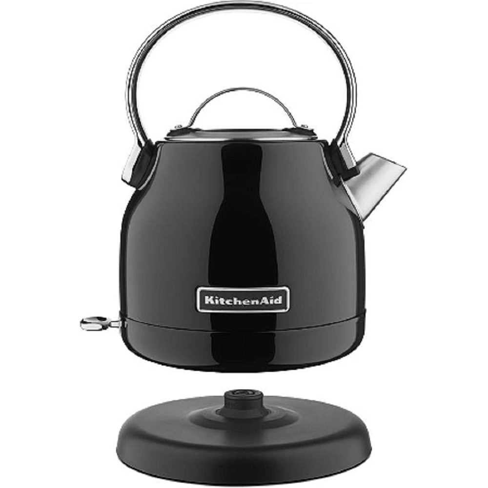Left side view of the KitchenAid 5KEK1222EOB kettle in Onyx Black on its station