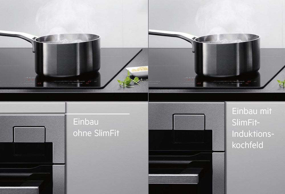 Comparison image of the AEG IKE64441XB induction hob with and without SlimFit installation option, showing the flush finish above a drawer or oven.