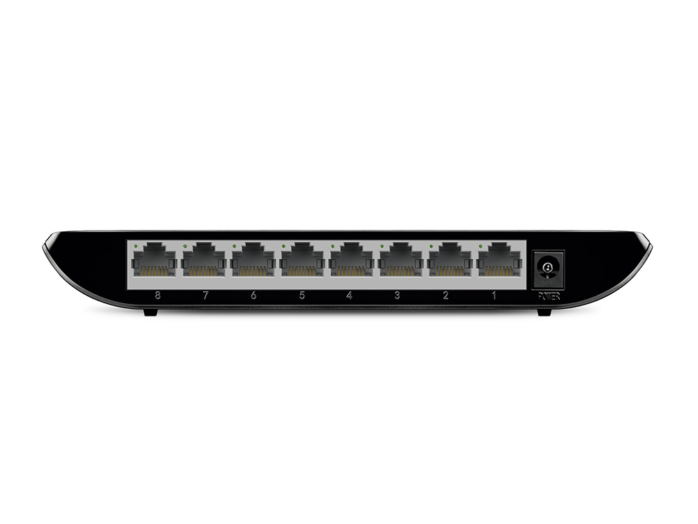 TP-Link TLSG1008D Ethernet switch rear view with eight network ports and power connector, matte black surface