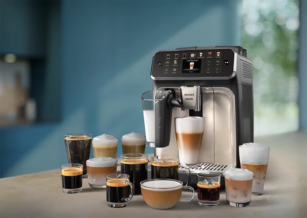 Philips EP5547/90 coffee machine surrounded by various coffee drinks