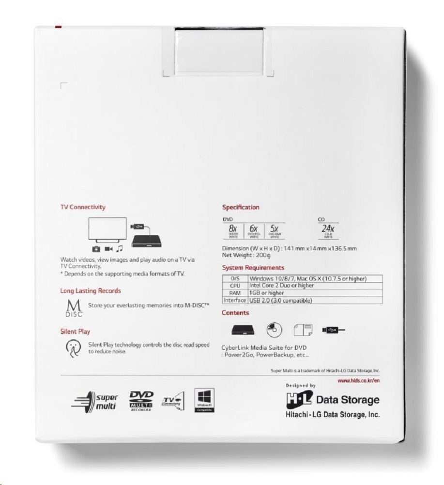 Hitachi-LG external optical drive – back of the retail box with information.