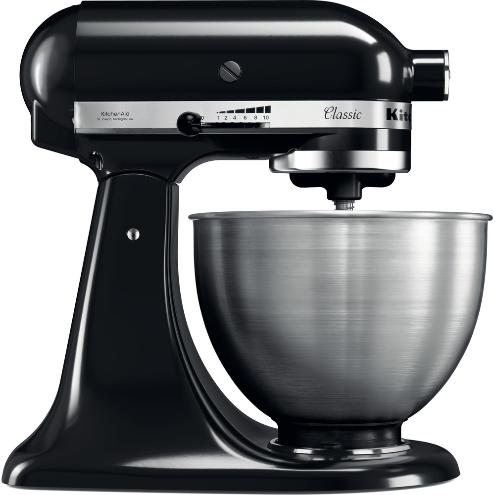 Left view of the KitchenAid 5K45SSEOB stand mixer with mixing bowl and visible speed settings.
