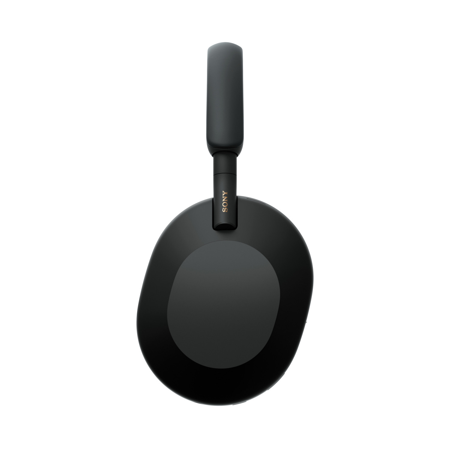 Side view of the matte black ear cup featuring a minimalist design, stepless slider, and gold Sony logo