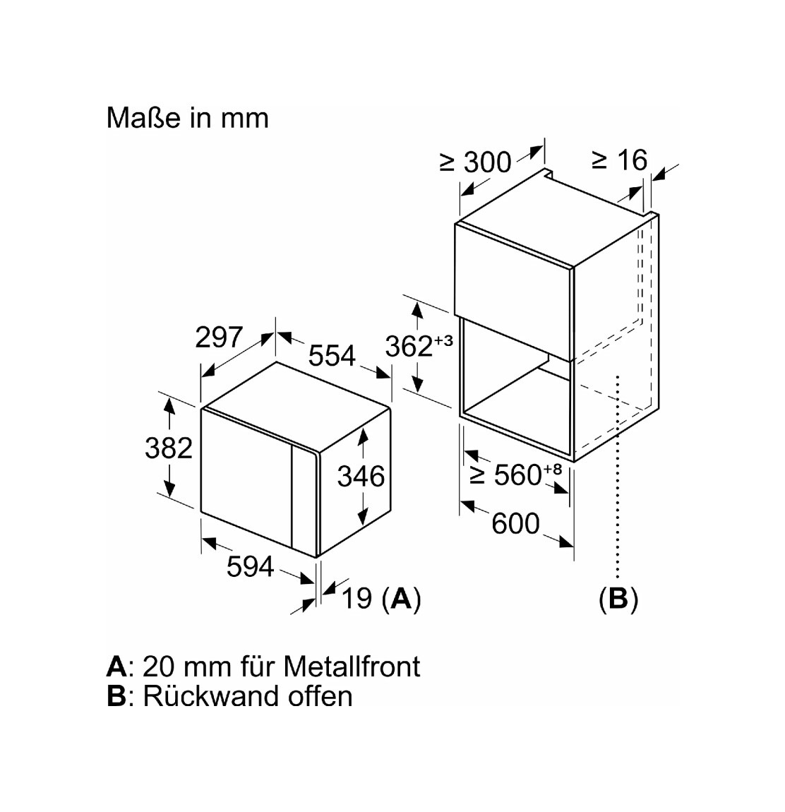 Technical drawing with detailed measurements (in mm) for the NEFF microwave and its required installation space.