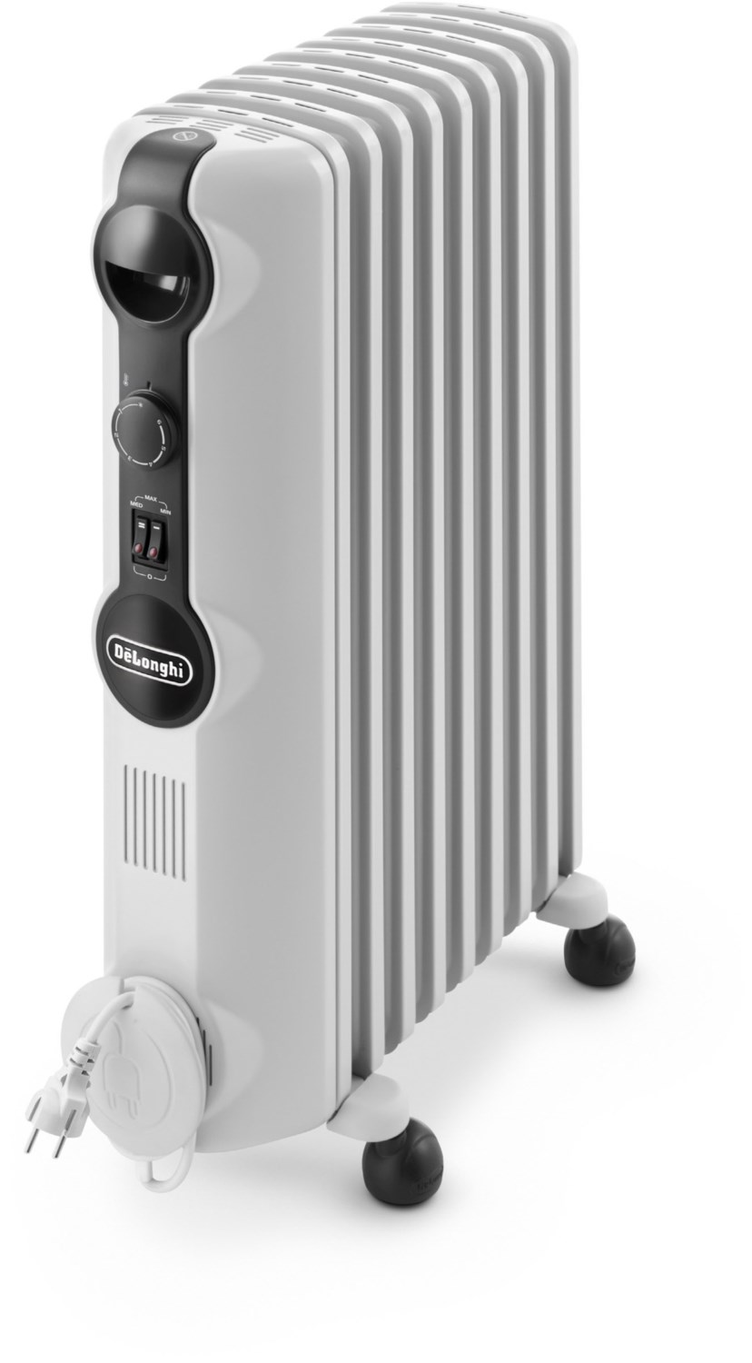 DeLonghi RadiaS heater side view with visible power cord and control panel.