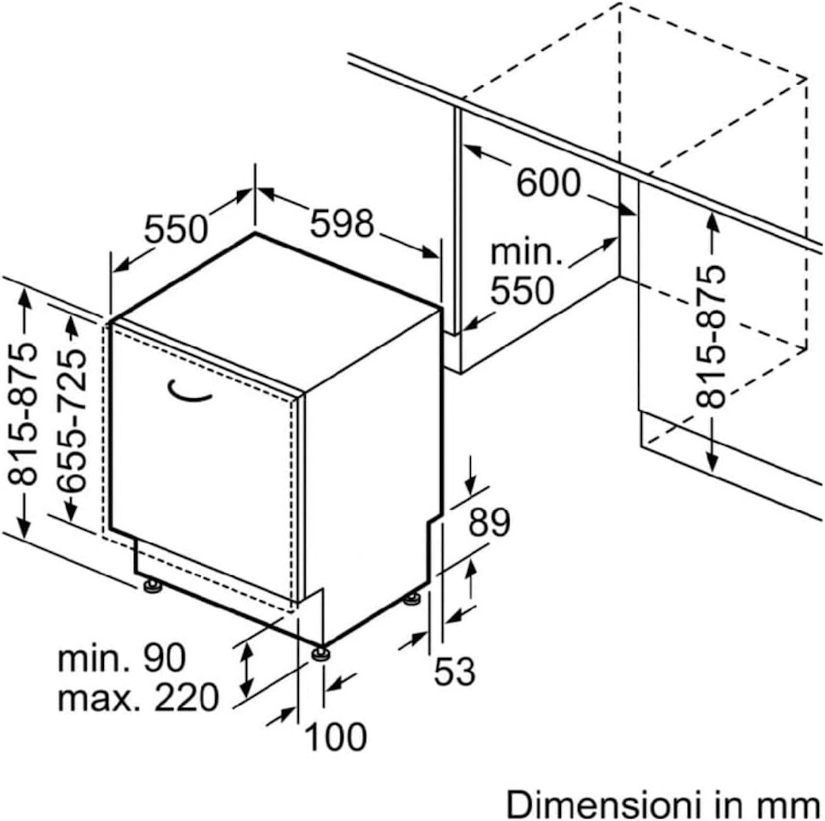 Dimensions of the Bosch SMV8YCX02E dishwasher.