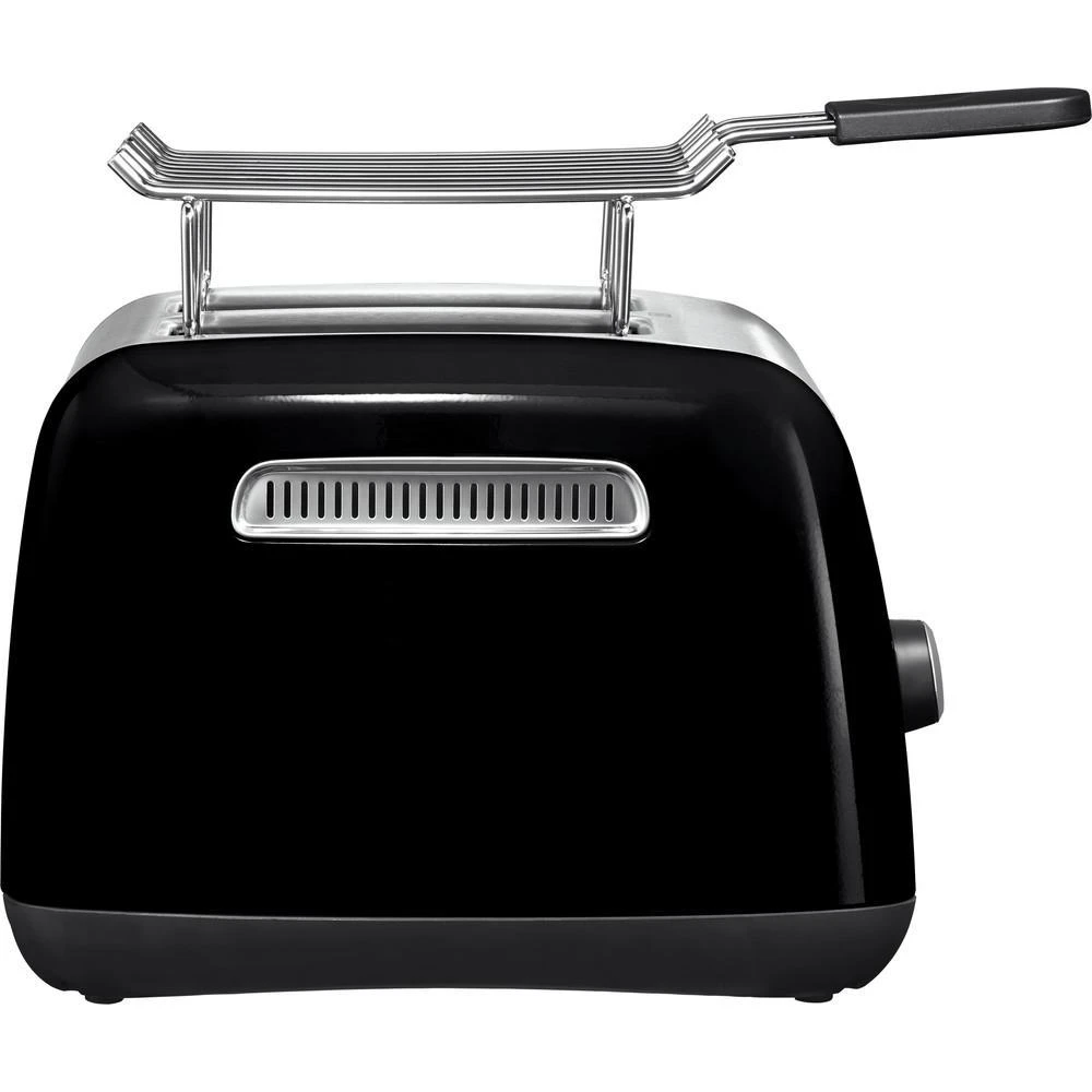 Side view of the KitchenAid 5KMT221EOB toaster with bun warmer attachment, perfect for rolls or croissants.