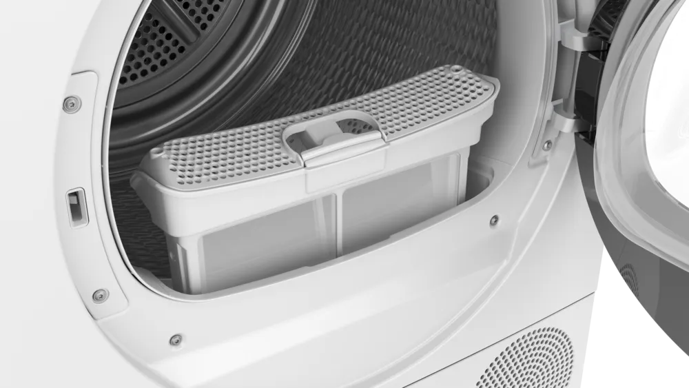 The fully removed lint filter with a double mesh structure, ready for easy cleaning