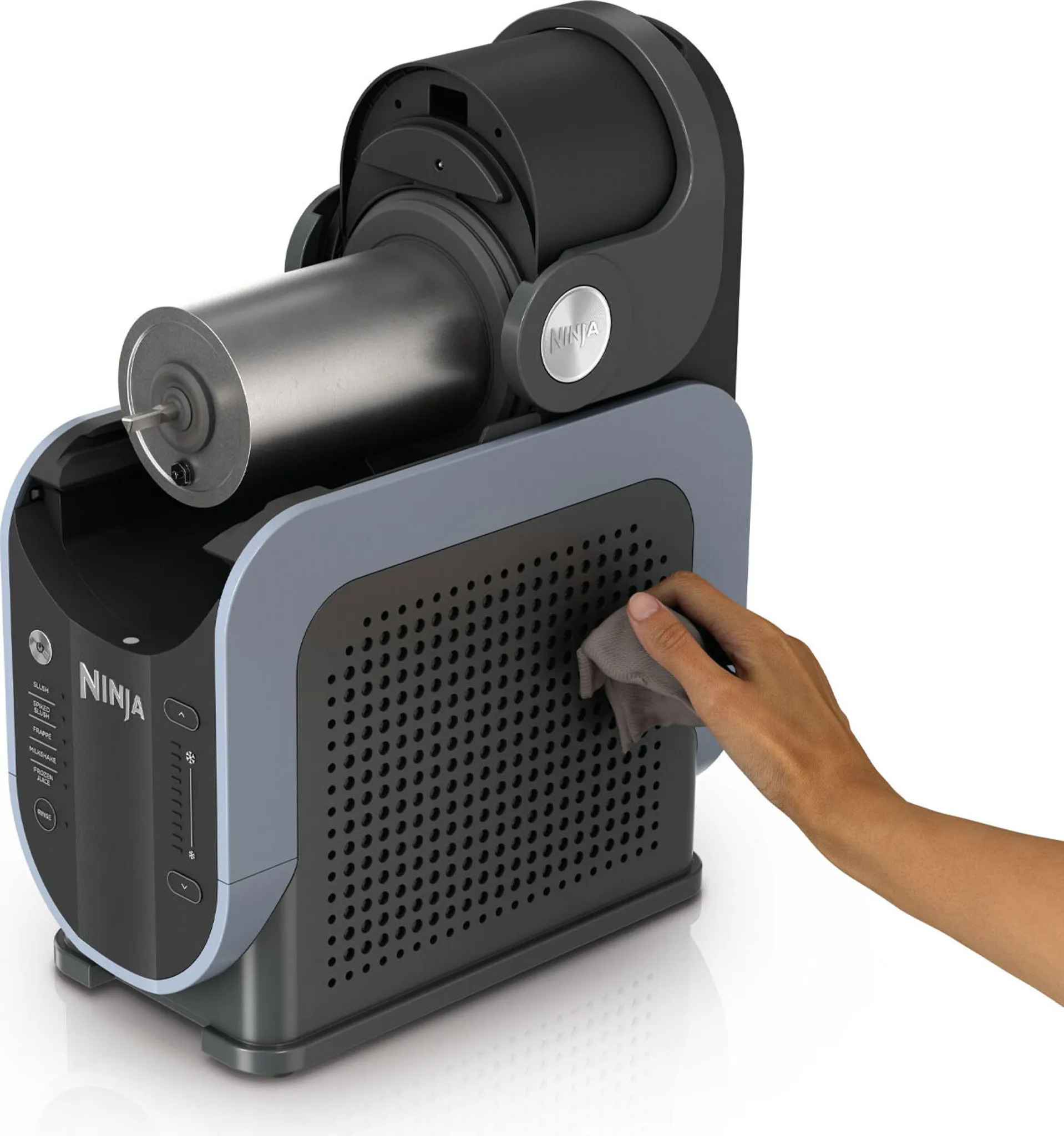 Hand wiping the main unit of the NINJA SLUSHi FS301EU machine after bowl removal