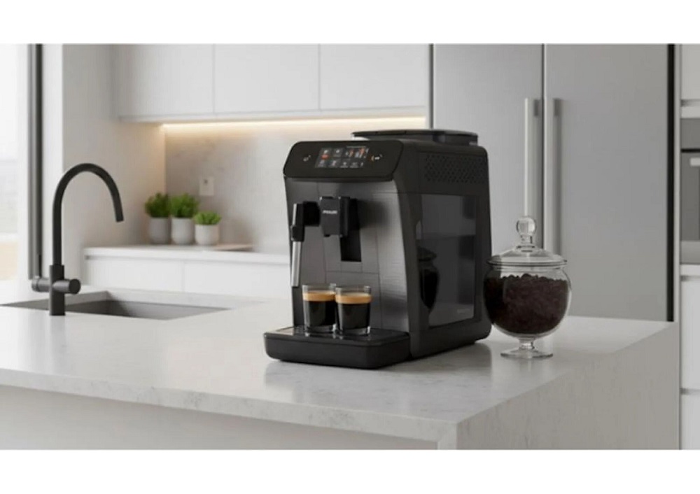 Philips EP0824/00 fully automatic coffee machine on a kitchen countertop, next to coffee beans.