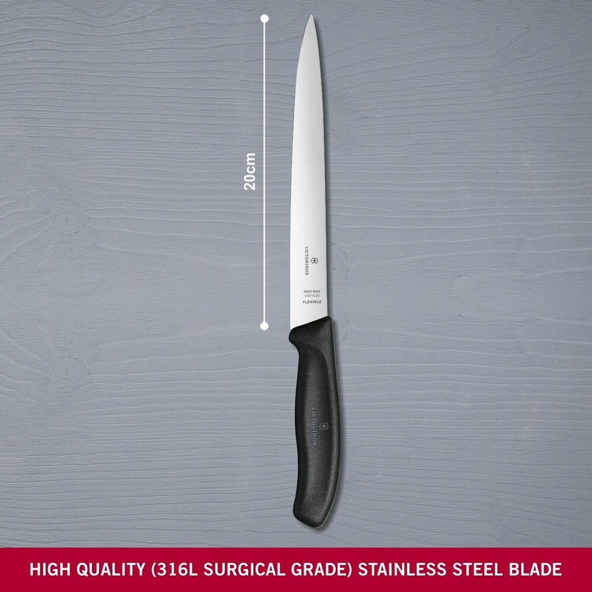 Technical drawing with the dimensions of the Victorinox knife: total length 330 mm, blade 200 mm